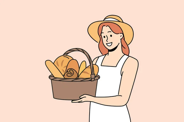 stock vector Smiling woman in straw hat holding basket with bread. Happy girl holding fresh pastry in hands. Bakery and bake shop concept. Vector illustration. 