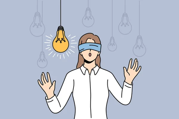 Blindfolded Businesswoman Walk Room Full Lightbulbs Looking Bright Innovative Idea — Stock Vector