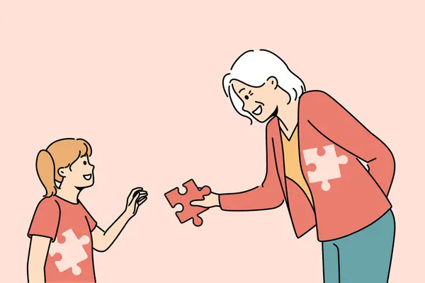 高齢のおばあちゃんを世話することは 少女の子供を完成させるためにジグソーパズルを与えます 笑顔を愛する老婆の犠牲は子供を助ける ベクトルイラスト — ストックベクタ