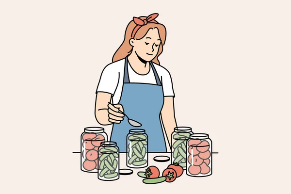 Kobieta Fartuchu Puszkuje Warzywa Butelkach Kuchni Gospodyni Domowa Konserwuje Warzywa — Wektor stockowy