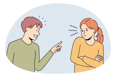Eğlence ve kahkaha konsepti. Gülümseyen çocuk sinirli kızı işaret ederek eğleniyor ve iletişim vektörü illüstrasyonunda sorunlar yaşıyor.