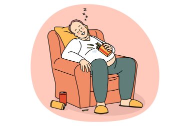 Sağlıksız yaşam tarzı ve diyet konsepti. Şişko adam koltukta oturmuş, gazoz içtikten sonra şekerleme yapıyor ve patates kızartması çizimi yiyor.