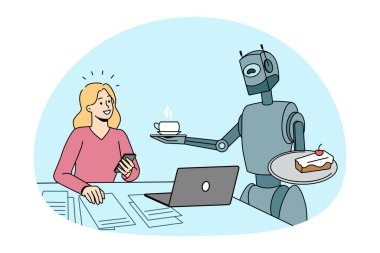 Gelecekteki teknolojiler ve yapay zeka kavramı. Gülümseyen kız çalışıyor, robot robottan kahve ve kek alıyor ve vektör çizimi ile iletişim kuruyor.