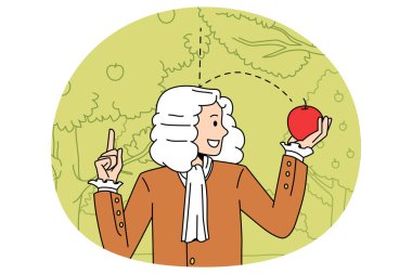 Bilim ve fiziksel deneyim kavramı. Sör Isaac Newton bilimadamı, elinde kırmızı bir elmayla yerçekimini keşfediyor.