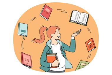 Eğitim ve kitap okuma kavramı. Gülümseyen kız öğrenci ayakta durup çeşitli kitaplara bakıyor. Sınav vektör ilüstrasyonuna hazırlanıyor.