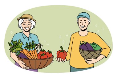 Tarım ve hasat kavramı. Gülümseyen yaşlı çift ellerinde bahçeden taze ürünler sepet vektör illüstrasyonunda duruyor.