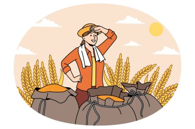 Tarım ve doğa kavramı. Gülümseyen kadın çiftçi işten sonra elinde bir çuval dolusu biçilmiş çavdar ve saha vektör çizimi ile ayakta duruyor.