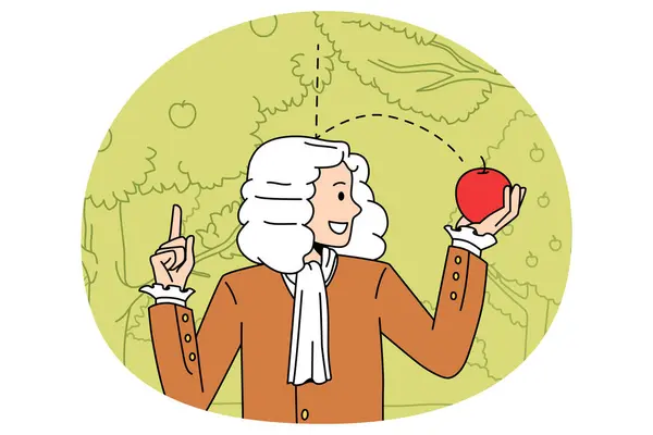 Понятие Науки Физического Опыта Сэр Исаак Ньютон Ученый Стоящий Исследующий — стоковый вектор