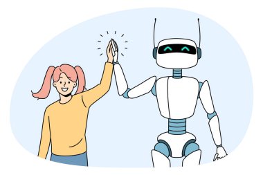 Yapay zeka konseptiyle arkadaşlık. Gülümseyen kız, beyaz robot robotla el sıkışıyor ve arkadaşlık yapıyor.