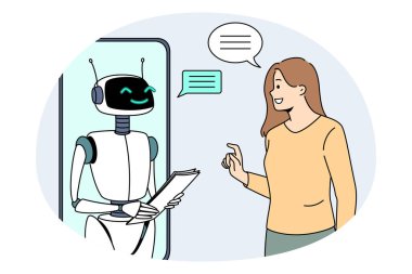 Artificial intelligence and technologies concept. Smiling girl standing and looking at smartphone screen with white robot bot communicating with her vector illustration clipart