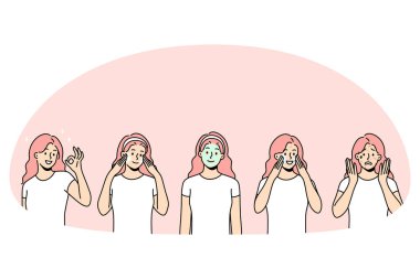 Skin care and treatment concept. Young smiling woman having skin acne problems applying mask and cream having healthy shiny skin vector illustration clipart