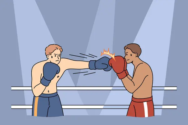 戴手套的男性拳击手在正方形的拳击台上打斗 强壮有力的运动员或拳击手在穆艾泰拳比赛中进行冲刺比赛 打击体育运动的概念 平面矢量图解 — 图库矢量图片