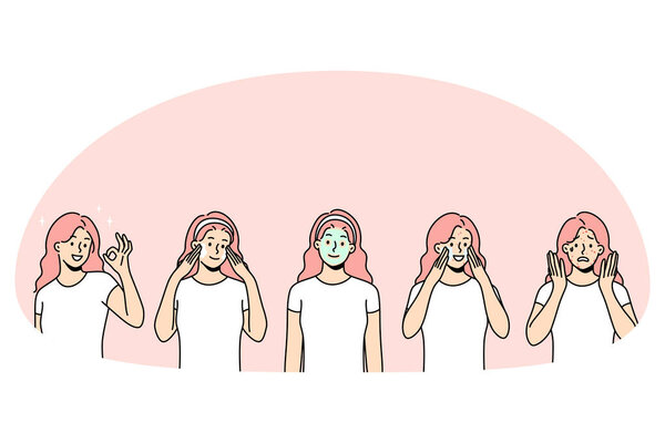 Концепция ухода за кожей и лечения. Молодая улыбающаяся женщина, имеющая проблемы с прыщами на коже, наносит маску и крем со здоровой блестящей векторной иллюстрацией кожи