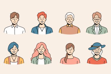 Farklı yaş ve cinsiyetlerden bir grup insan resim profil çiziyor. Gülümseyen genç ve yaşlı kadın ve erkek avatar portreleri ve yüzleri koleksiyonu. Nesil ve çeşitlilik. Vektör illüstrasyonu. 