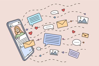 Çevrimiçi iletişim ve modern cep telefonu cihazında sohbet. Akıllı telefon cihazıyla ilgili sosyal medya bildirimleri ve e-posta. İnternette iletişim kurmak. Düz vektör illüstrasyonu. 