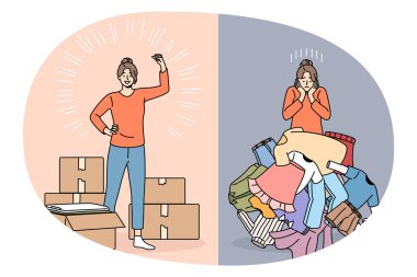 Toparlanma ve paketleme konsepti. Stresli, hayal kırıklığına uğramış, dağınık elbiseli, yardım isteyen, güçlü ve kutulu, vektör illüstrasyonlu bir kız.