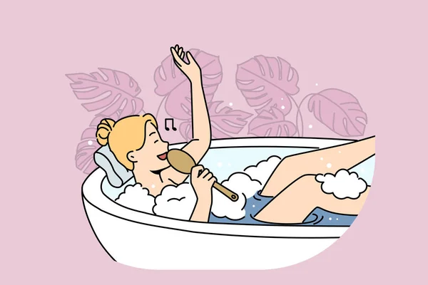 브러시와 편안한 욕조에 소녀는 거품과 목욕에서 집에서 하루를 있습니다 일러스트 — 스톡 벡터