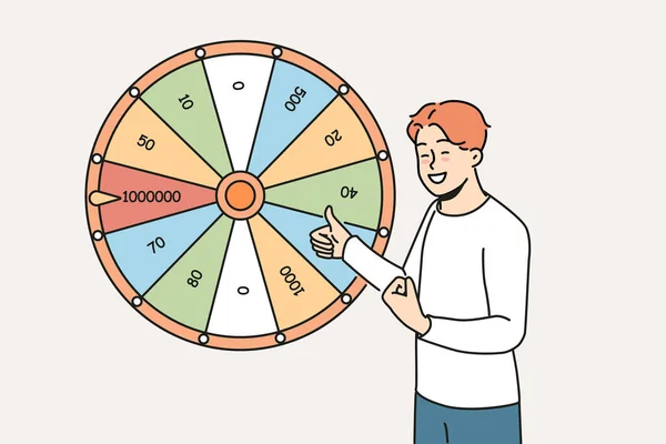 Homem Feliz Perto Roda Fortuna Ganhar Dinheiro Loteria Sorrindo Cara —  Vetores de Stock
