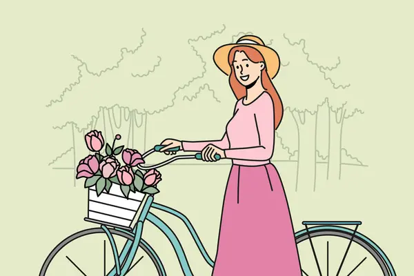 夏天公园里骑自行车 提着花篮微笑的女人 骑自行车的快乐女孩喜欢夏天在森林里散步 矢量说明 — 图库矢量图片