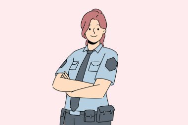 Kolları bağlı, üniformalı, gülümseyen kadın polis memuru. Mutlu kadın gardiyan kendini güvende hissediyor. Güç ve güç gösteriyor. Vektör illüstrasyonu. 