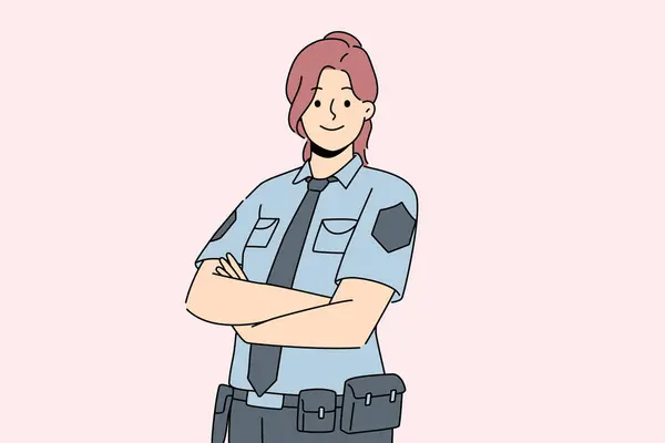 武器を持った制服を着た女性警官の笑顔 ハッピーな女性ガードは自信を持ってパワーと強さを示しています ベクトルイラスト — ストックベクタ