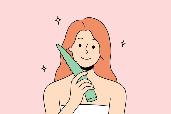 Lächelnde Frauen Badetuch Halten Frisches Aloe Vera Blatt Zur Hautpflege — Stockvektor