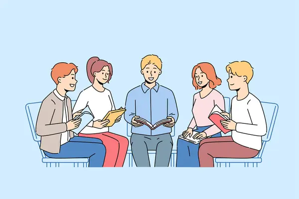 Mutlu Insanlar Çemberde Oturup Kitap Okurlar Gülümseyen Grup Toplantıda Ncil — Stok Vektör