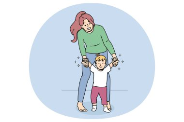 Happy young mother hold little baby child make first steps. Smiling loving mom lead excited small kid toddler walking. Motherhood and childhood concept. Flat vector illustration.