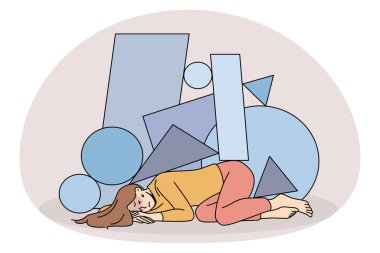 Mutsuz, stresli, hareketsiz, hayat sıkıntısı çeken genç bir kadın. Psikolojik ya da ruhsal sorunları olan üzgün bir kız. Depresyon ve stres kavramı. Vektör illüstrasyonu.
