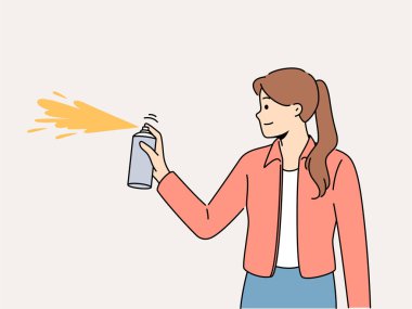 Arka planda gülümseyen kız sprey boyası. Şişe spreyli mutlu kadın duvarda grafiti yaratıyor. Hobi ve sanat. Vektör illüstrasyonu. 