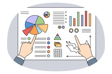 İş adamlarının ve analistlerin elleri gemideki grafik ve çizelgeleri işaret ediyor. Bankacı büyümeyi analiz eder ve düşer. Analitik veri ve muhasebe kavramı. Mali ve istatistik. Vektör illüstrasyonu.