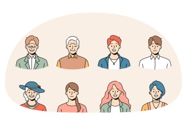 Farklı yaş ve cinsiyetlerden bir grup insan resim profil çiziyor. Gülümseyen genç ve yaşlı kadın ve erkek avatar portreleri ve yüzleri koleksiyonu. Nesil ve çeşitlilik. Vektör illüstrasyonu.