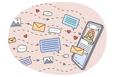 Çevrimiçi iletişim ve modern cep telefonu cihazında sohbet. Akıllı telefon cihazıyla ilgili sosyal medya bildirimleri ve e-posta. İnternette iletişim kurmak. Düz vektör illüstrasyonu.