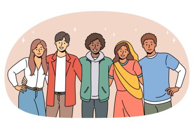 Çok kültürlü gençlerin portresi bir arada durarak uluslararası dostluğu ve birliği gösteriyor. Çeşitli etnik çeşitlilikte gülümseyen arkadaşlar birlikte vakit geçirmekten zevk alırlar. Çeşitlilik. Vektör illüstrasyonu.