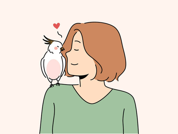 Happy woman with parrot sitting on shoulder. Smiling girl talk cuddle with exotic bird. Ornithology concept. Vector illustration. 