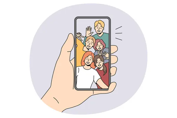 Person Hold Smartphone Talk Video Call Diverse Friends Man Use — ストックベクタ