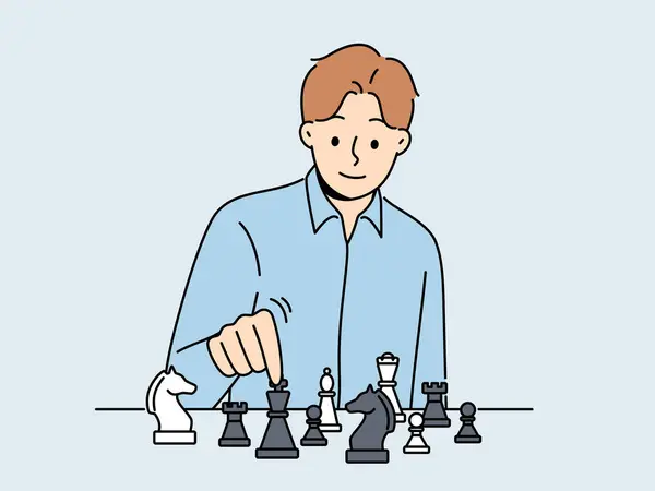 Χαμογελαστός Άντρας Κάθεται Στο Τραπέζι Και Παίζει Σκάκι Ευτυχισμένος Επιχειρηματίας — Διανυσματικό Αρχείο
