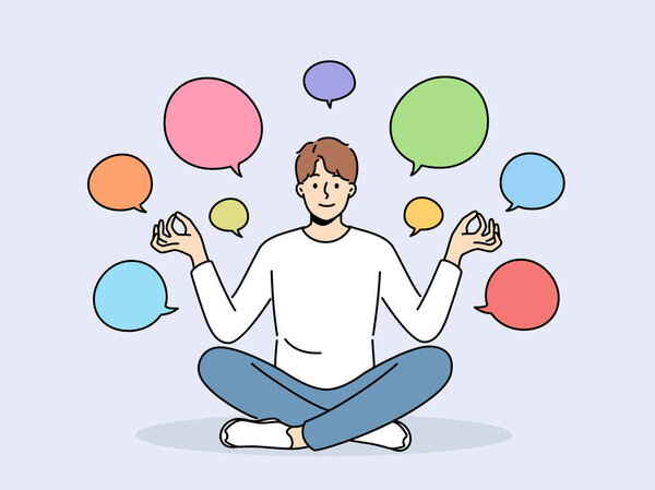 Smiling man practice yoga surrounded with numerous speech bubbles with ideas. Happy guy meditate having different creative ideas in talk balloons. Vector illustration. 