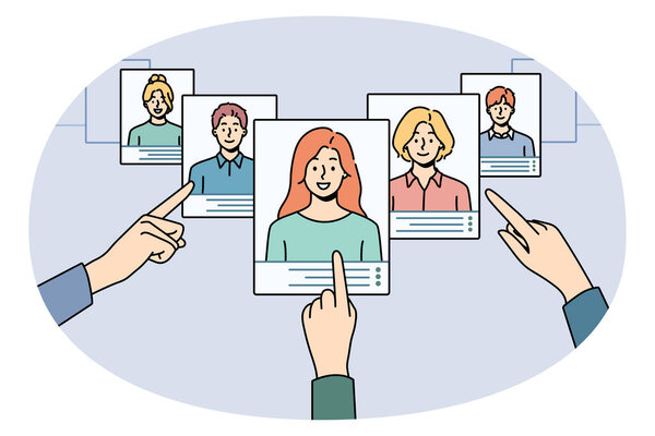 Руки выбирают цифровое резюме кандидатов на работу или претендентов в приложении. Работодатель или рекрутер принимают решение о возобновлении поиска работы. Работа и вербовка. Векторная иллюстрация.