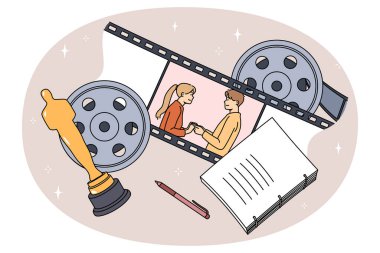 Movie characters man and woman in romantic screenplay. Love story in cinema. Film script, strip and Oscar award for best cinematography. Entertainment concept. Vector illustration. clipart