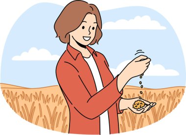 Kadın çiftçi tarım alanındaki mahsulü inceliyor. Tarladaki soya fasulyelerine bakın. Çiftçilik ve tarım. Vektör illüstrasyonu. 
