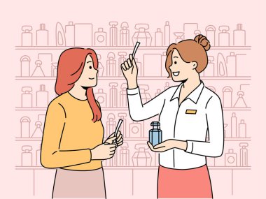 Kadın müşteri güzellik salonundan parfüm alıyor. Dükkanda ya da butikte kozmetik ürünleri alan kız müşterilere yardım eden danışman. Vektör illüstrasyonu. 