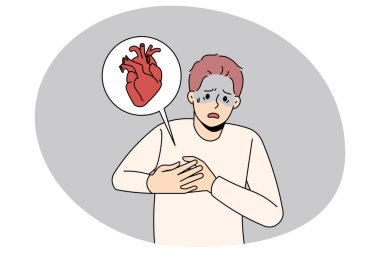 Hasta bir adam kalp krizinden muzdarip. Hasta, mutsuz adam göğsünün üst kısmına dokunuyor. Kardiyovasküler sorunları olan adamın doktora ihtiyacı var. Sağlık ve ilaç servisi. Vektör illüstrasyonu.