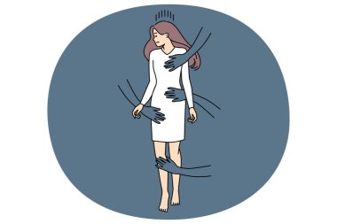 Erkeklerin elleri mutsuz stresli kadınlara dokunur. Kavram ya da cinsiyet tacizi ve şiddet. Cinsel tecavüz ve zorbalık. Kadın işyerinde ayrımcılıktan muzdarip. Vektör illüstrasyonu.