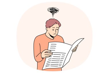 Gazete okuyan kafası karışmış bir adam haberlerden emin değil. Yanlış bilgilendirme ve basılı medyada propaganda yapılmasından rahatsız olan şüpheci adam. Vektör illüstrasyonu.