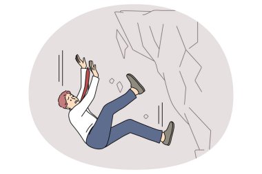 Stresli iş adamı iş yetersizliğinden ya da krizden dolayı kayadan düşer. Mutsuz erkek çalışanın profesyonel ya da iş fiyaskosu sorunları var. Düz vektör illüstrasyonu.