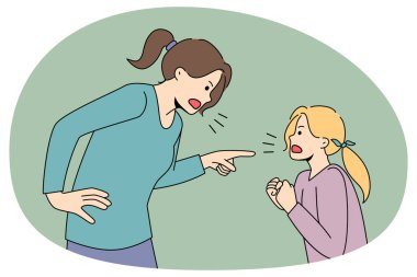 Kızgın otoriter anne ve yaramaz küçük kız çığlık çığlığa kavga ediyorlar. Deli anne dersi kötü huylu kız çocuğu azarladı, bağırdı ve bağırdı. Aile içi şiddet kavramı. Vektör illüstrasyonu.