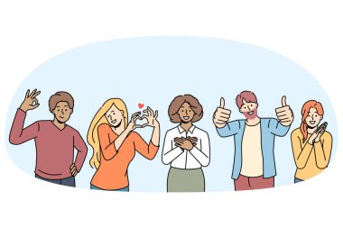 Coşkulu farklı etnik çeşitlilikteki gençler, olumlu ve neşeli el hareketleri sergiliyorlar. Gülümseyen erkekler ve kadınlar vücut dili kullanır, tamam, baş parmak yukarı, kalp işareti. Vektör illüstrasyonu.