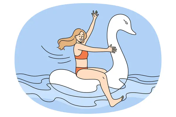 夏休みに海に浮かぶゴムスワンに浮かぶ水着の面白い幸せな女の子 ビキニの笑顔の若い女性は 休日に膨脹可能なリングで楽しんで泳いでいます ベクトルイラスト — ストックベクタ