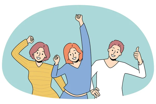 Счастливые Разнообразные Молодые Люди Чувствуют Себя Радостные Танцы Расслабляясь Вместе — стоковый вектор